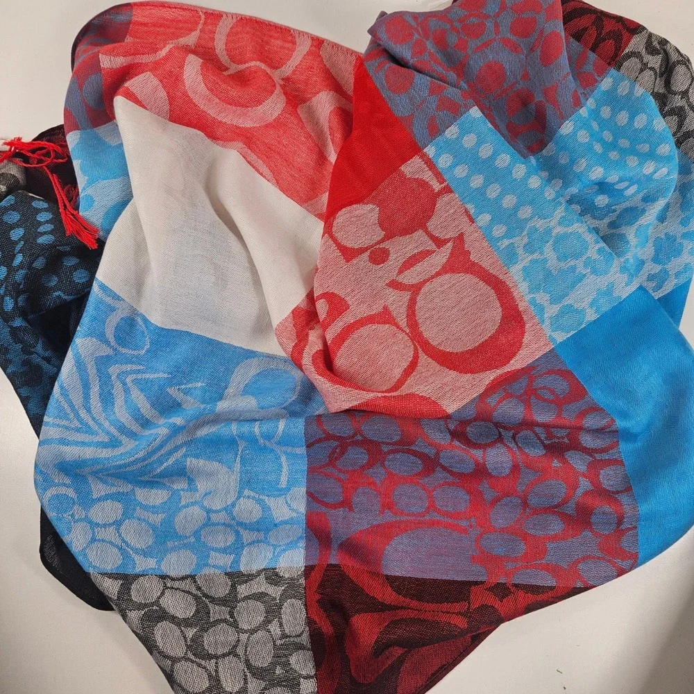 Coach Monogram Signature C Patchwork Scarf Wrap Pashmina Silk Fringe 70x28